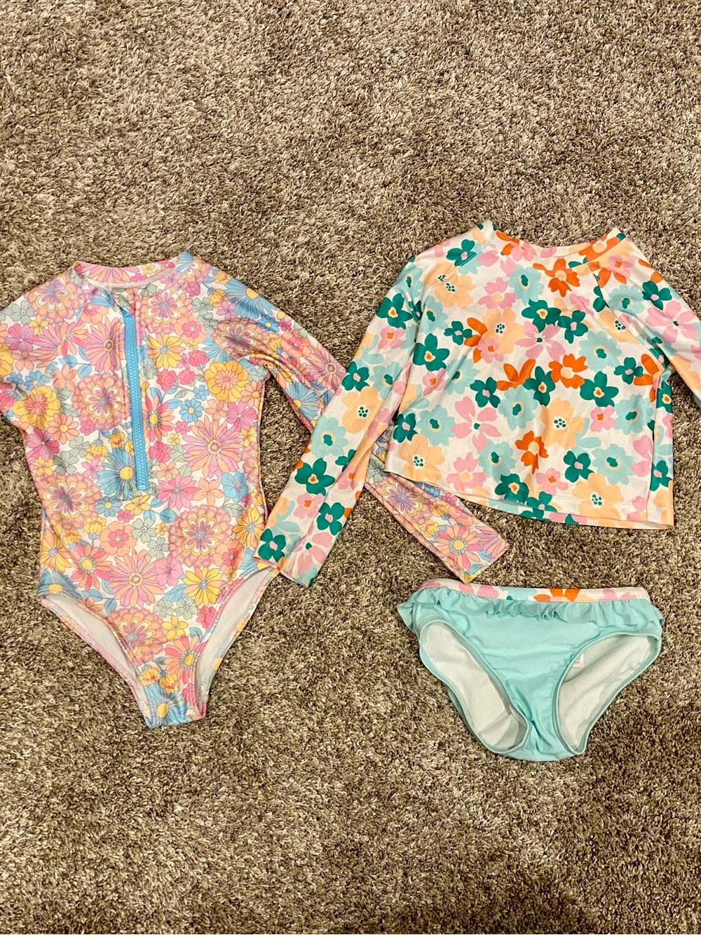 Girls Floral Long-Sleeve Rash Guard Swimsuit Set - Pastel Multi